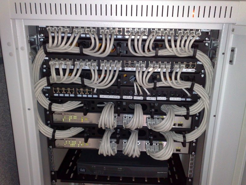 Armario de red con conmutadores Ethernet y paneles de conexión llenos de cables blancos