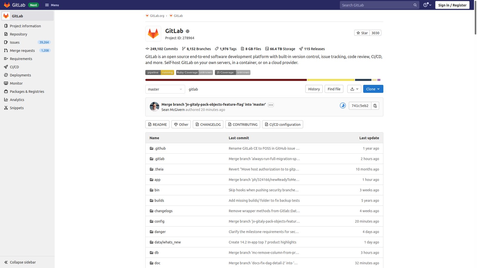 Captura de la interfaz web de GitLab mostrando la página principal de un repositorio
